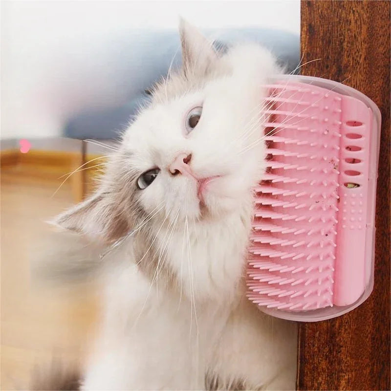 Cat Self-Groomer Corner Brush — hands-free wall corner grooming brush