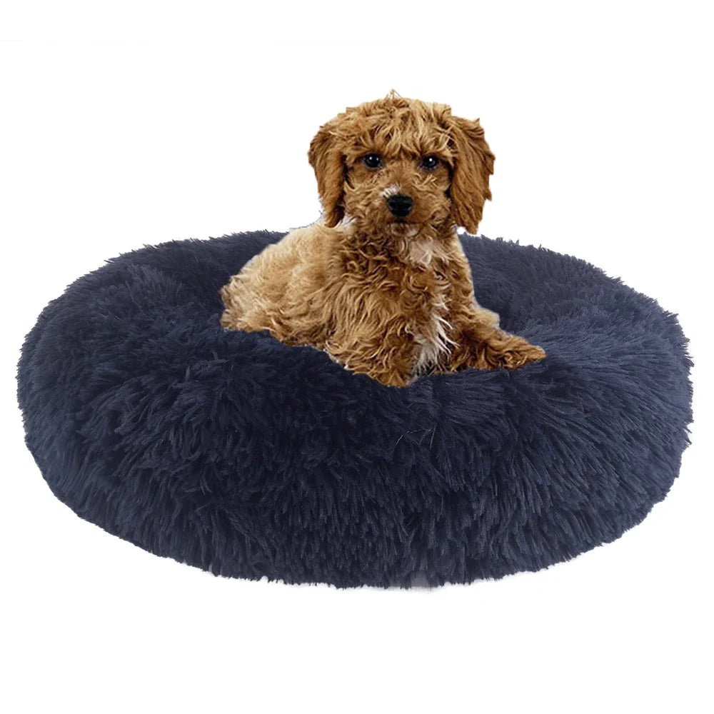 Plush Donut Dog Bed - puppy resting in the navy calming donut bed (homepage hero)